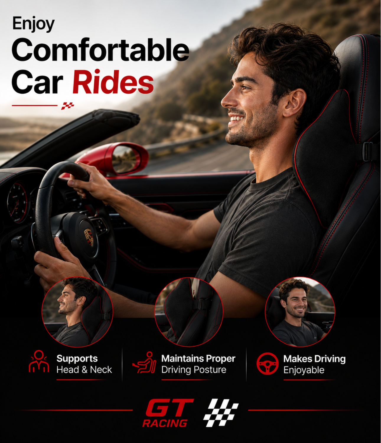 GT Racing Memory Foam Car Neck Pillow - Black (2 Pack)
