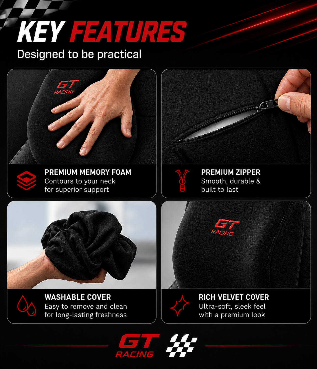 GT Racing Memory Foam Car Neck Pillow - Black (2 Pack)