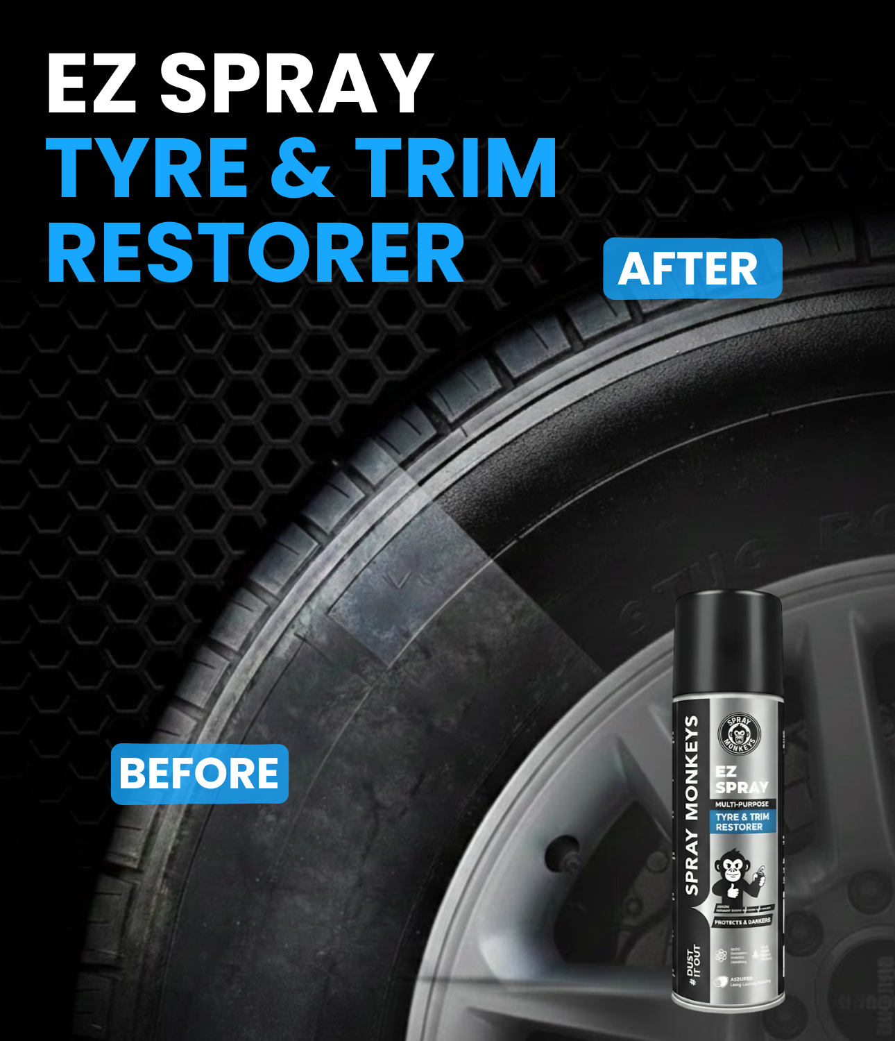 Spraymonkeys EZ Spray Tyre & Trim Restorer with Microfiber Cloth (160ml Spray + Cloth)