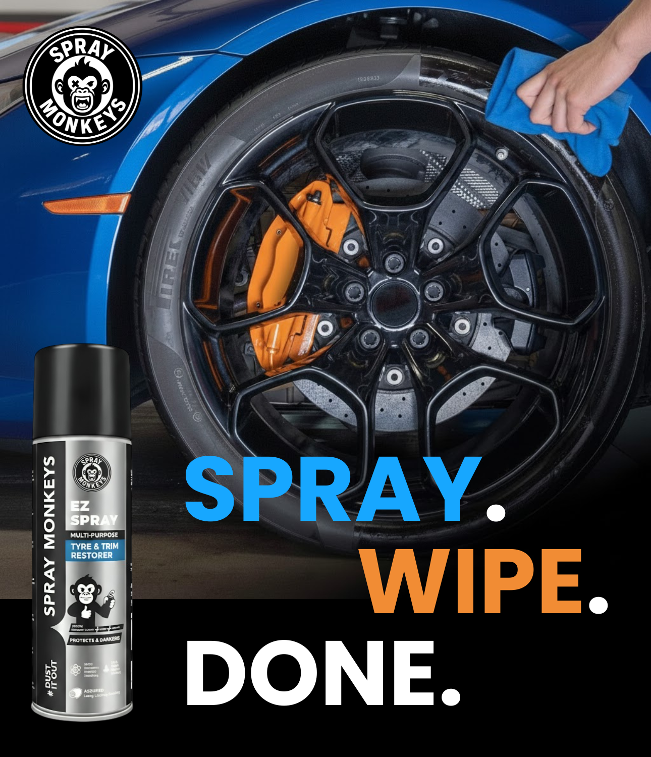 Spraymonkeys EZ Spray Tyre & Trim Restorer with Microfiber Cloth (160ml Spray + Cloth)